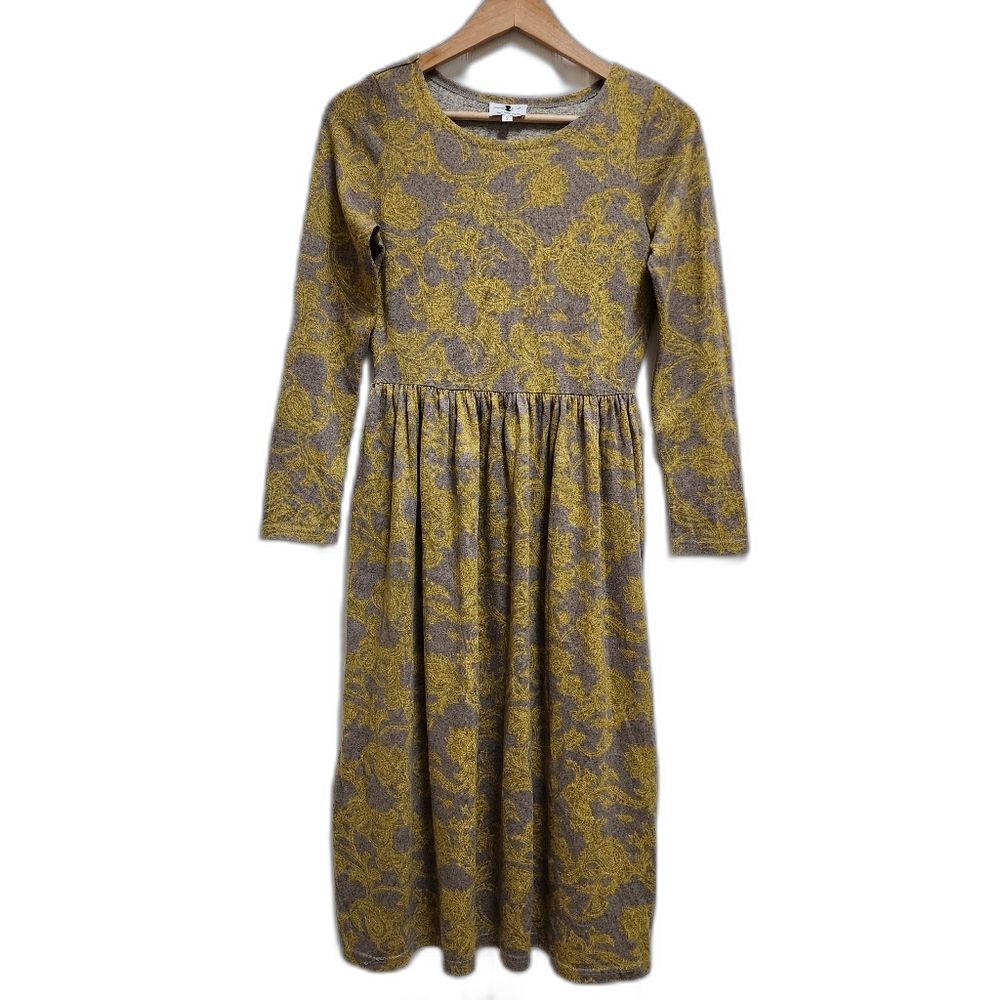 Dainty Jewells Dress S Gray Yellow Floral Knit Modest Midi Long Slv Cottagecore